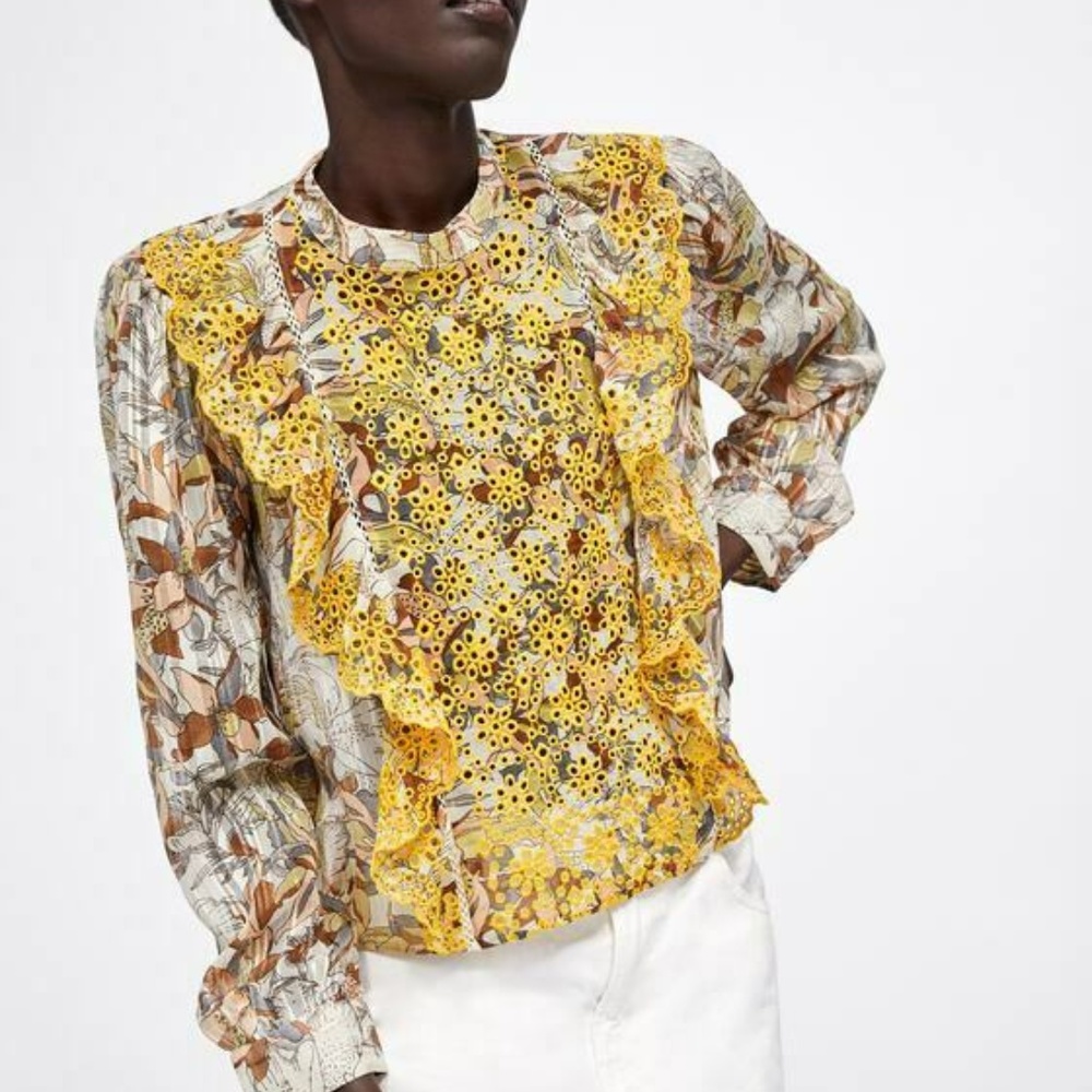 ZARA EMBROIDERED FLORAL PRINT HIGH COLLAR BLOUSE